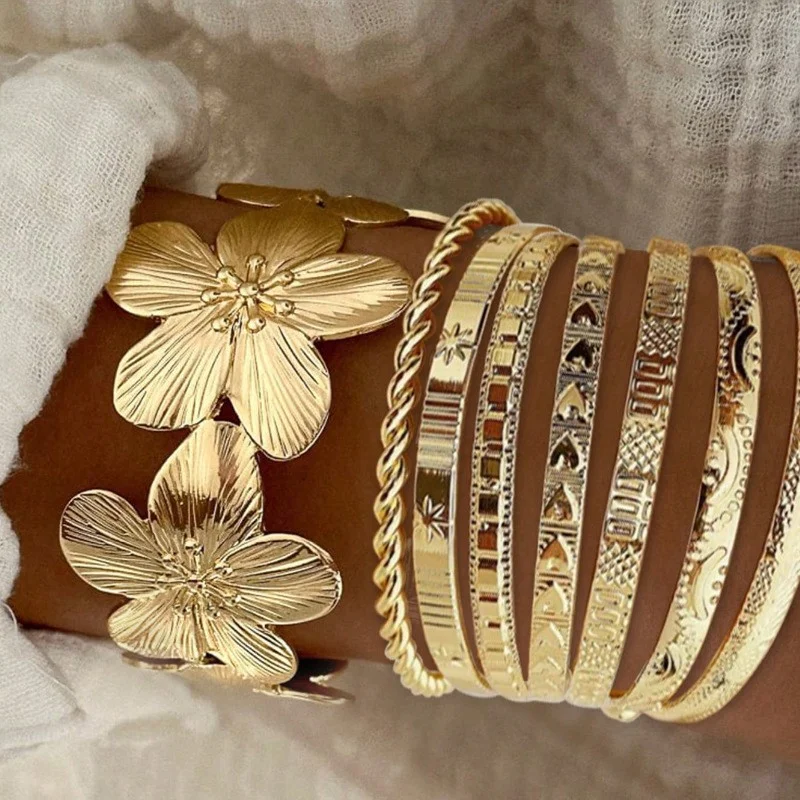 8 Pcs/Set Elegant Vintage Floral Striped Knotted Twisted Silver Gold Color Open Bracelets for Women Daily Wear Vacation Jewelry