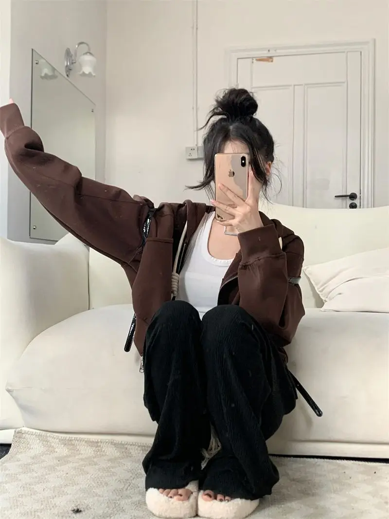 

Толстовки на молнии с капюшоном Y2K Женская эстетика для взрослых Флокированные износостойкие игривые детали в уличном стиле Бежевый Invierno Nueva Capucha