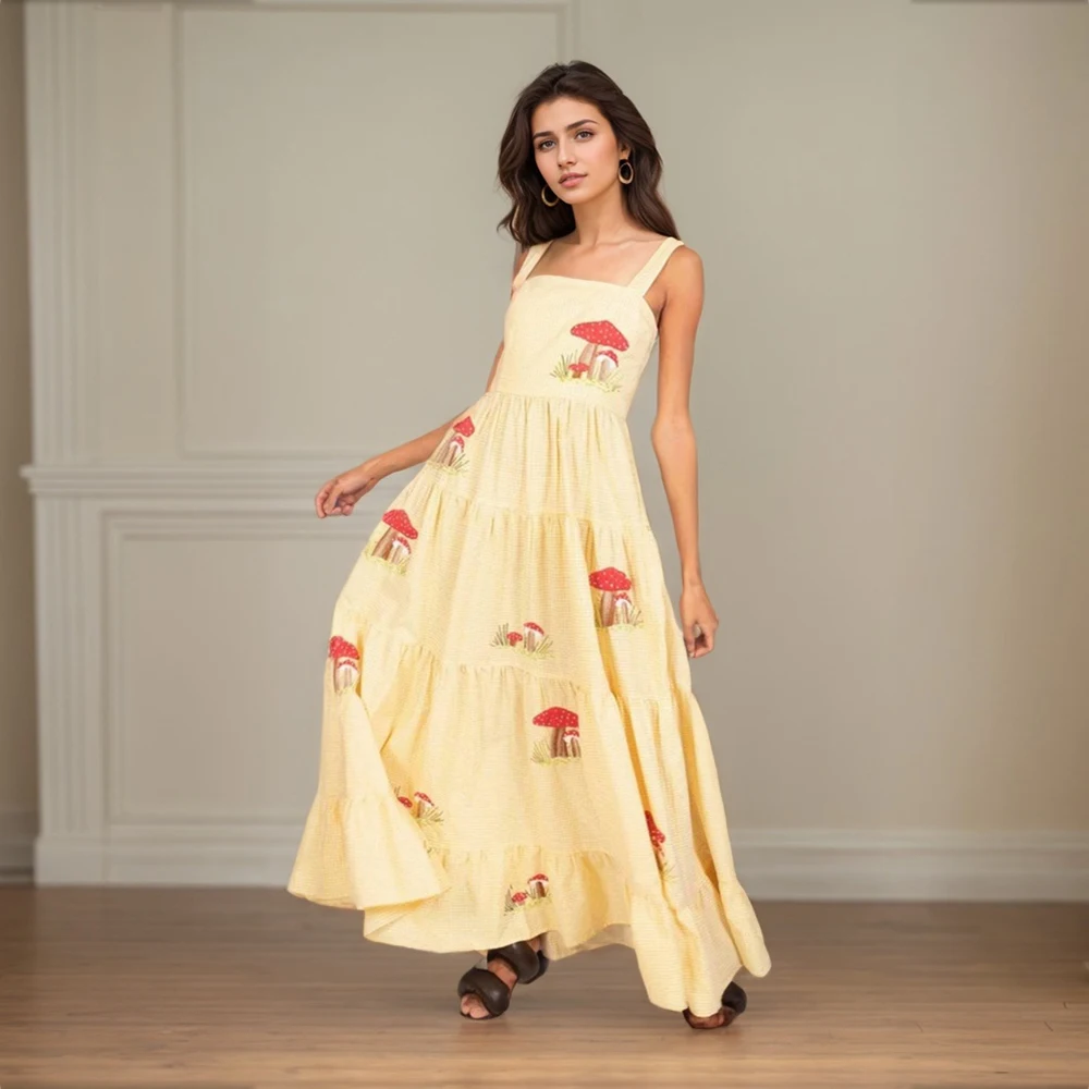 Beach Sundress Vintage Embroidery Square Neck Tiered Dress Fashion Trend Print Square Collar Sleeveless Pleated Slim Fit Dresses