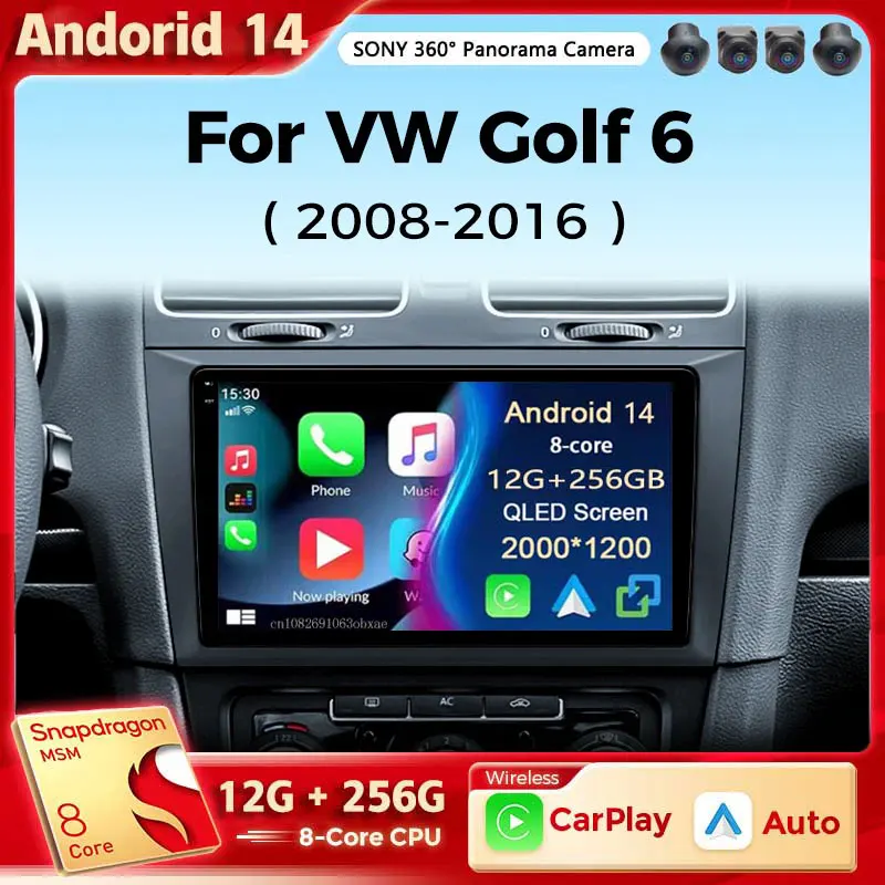 

Автомобильный радиоприемник Android 14 для Volkswagen VW Golf 6 MK6 GTI R 2008-2012 Беспроводной Carplay Android Auto Стерео Мультимедийный плеер