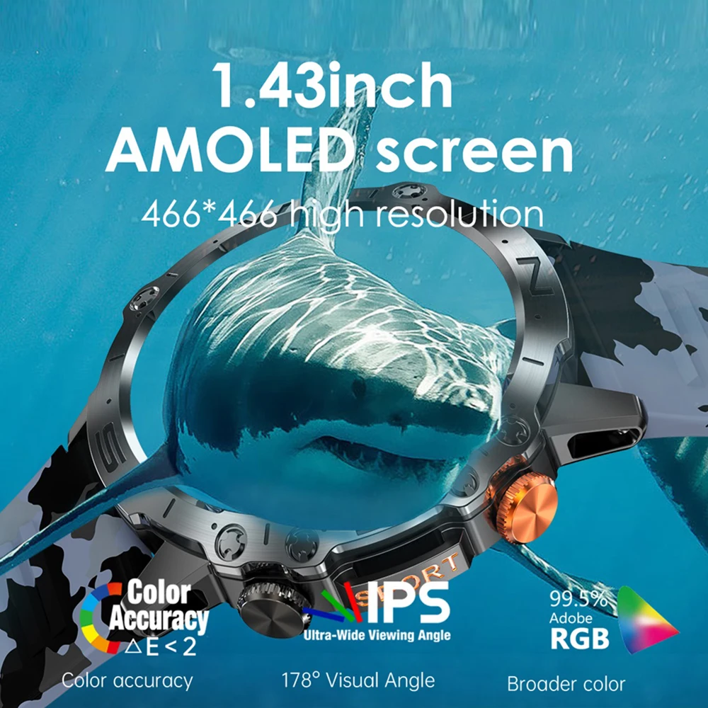 ساعة ذكية رياضية للرجال من AMOLED ، 466x466px ، بطارية mAh ، جهاز مراقبة معدل ضربات القلب ، سن أزرق ، سوار ، خارجي