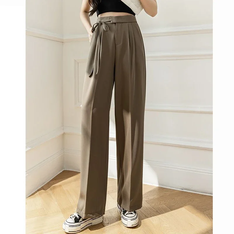 Spring Women Lace Up Straight Leg Suit Pants Female Solid Color High Waisted Trousers Lady Chic Designer All Match Work Pants