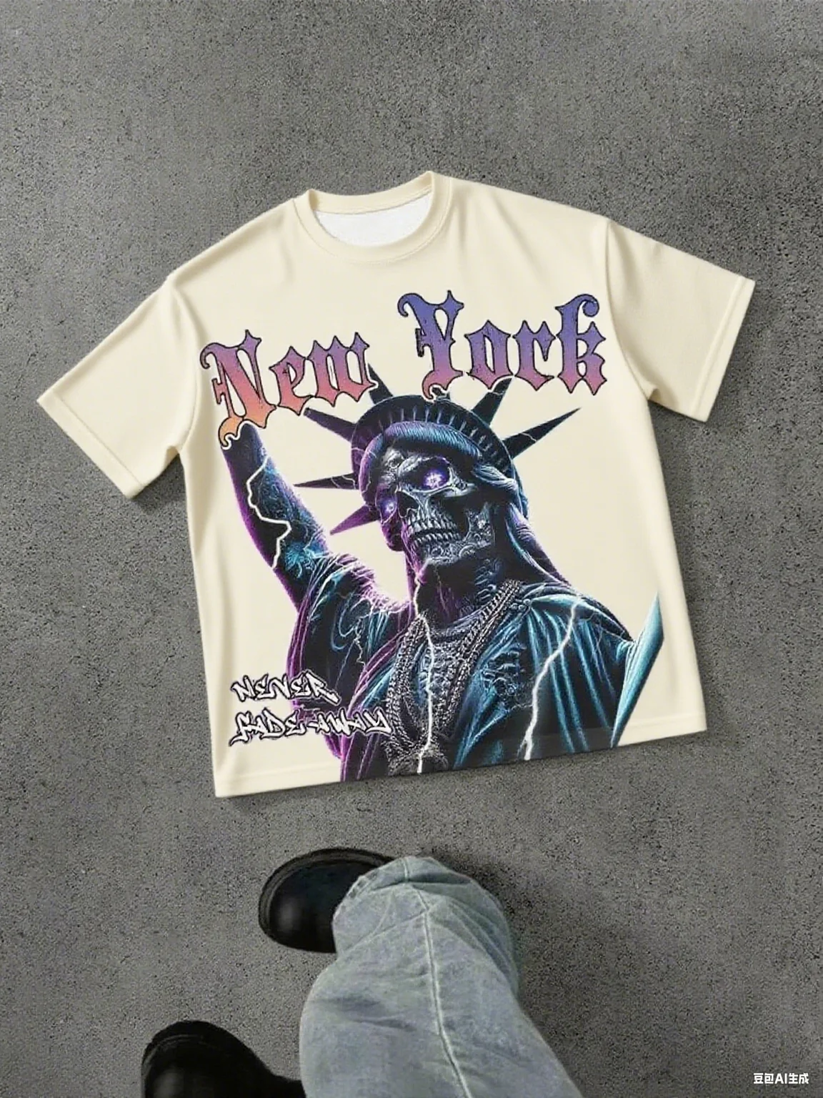Pure Cotton Short - Sleeve Tee, Unique New York Skull Statue of Liberty Print, Edgy Streetwear, Soft Fabric for Casual Looks