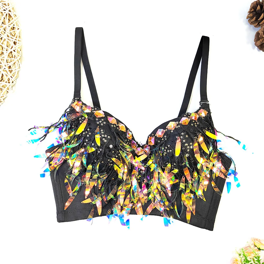 

New French-Style Sexy Shapewear Bustier Nightclub Hot Girl Revealing Back Sequined Tassel Beaded Slimming Vest Bra