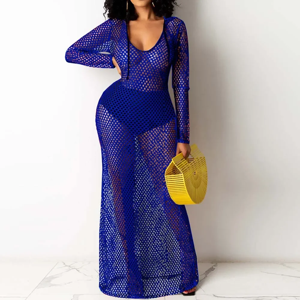 Summer Mesh Hollow Out Dresses Women Sexy See Through Long Sleeve Beach Cover Up Dress Women's Clothing Vintage Fishnet Dresses