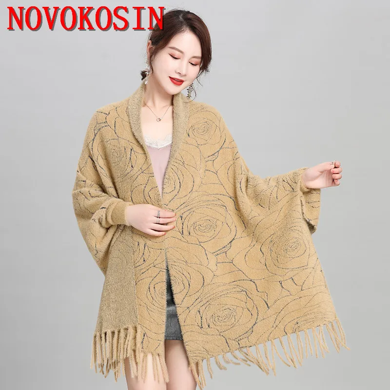 

Winter Faux Mink Velvet Jacquard Weave Poncho Women Tassel Cloak Loose Capes Oversize Thick Warm Outstreet Mother Shawl Coat