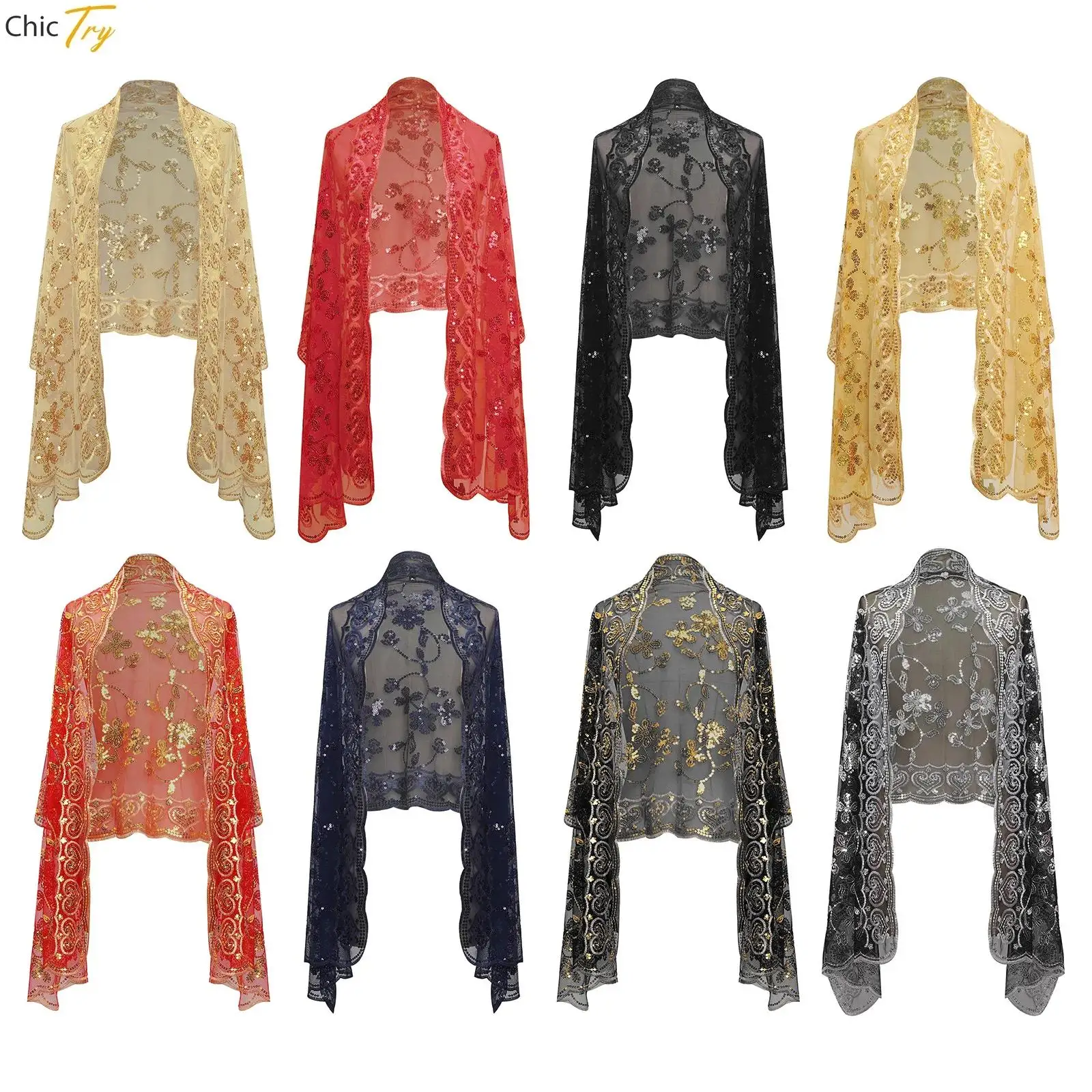 Women Shiny Sequins Mesh Scarf Shawls Wrap 1920s Vintage Shoulder Shrugs Cape Dress Decora Accessories for Party Gowns Cheongsam