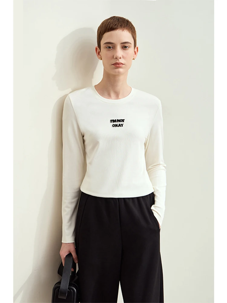 Amii Minimalism Women T Shirts 2024 Autumn New Casual O-Neck Letter Embroidery Long Sleeve Basic Slim Fashion Lady Tops 12423019