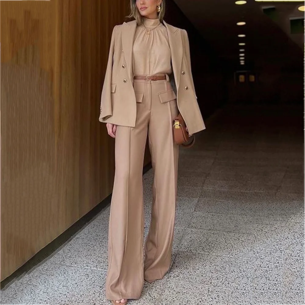 Hohe Qualität frauen Anzug Zwei Stücke Gerade Zweireiher Mode Blazer Spitze Revers Moderne Weibliche Business Casual Formale Set
