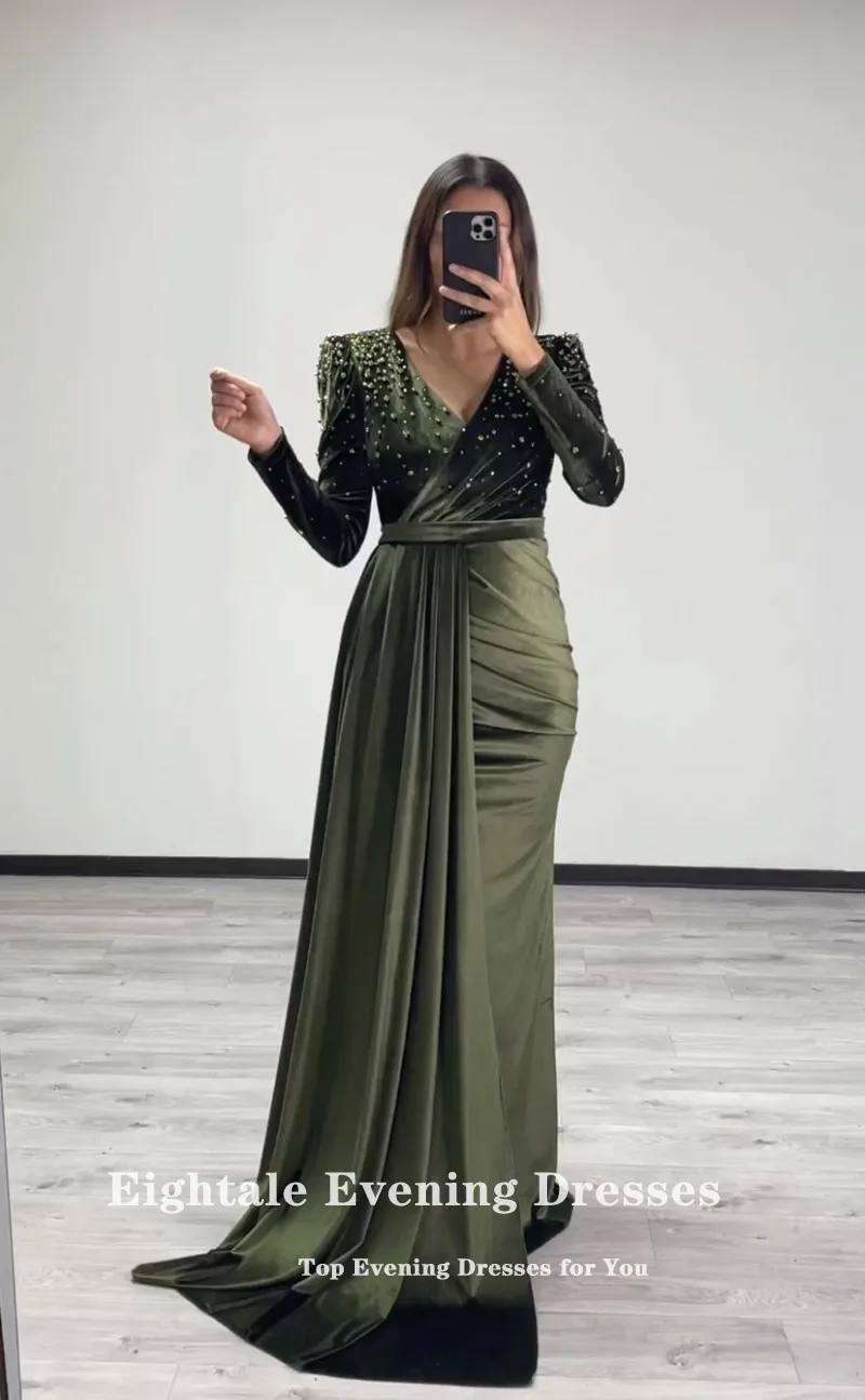 Eightale Velvet Evening Dress for Wedding Party V-Neck Beaded Olive Green Mermaid Customized Long Sleeves Prom Gown