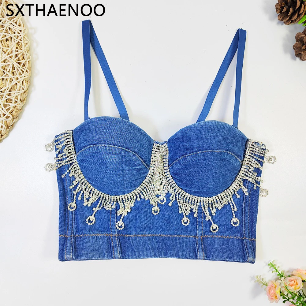 

SXTHAENOO Comfortable Slim Crop Tops Faux Diamonds Fringes Women Sexy Blue Denim Bustier Removable Strap Push-Up Short Corset