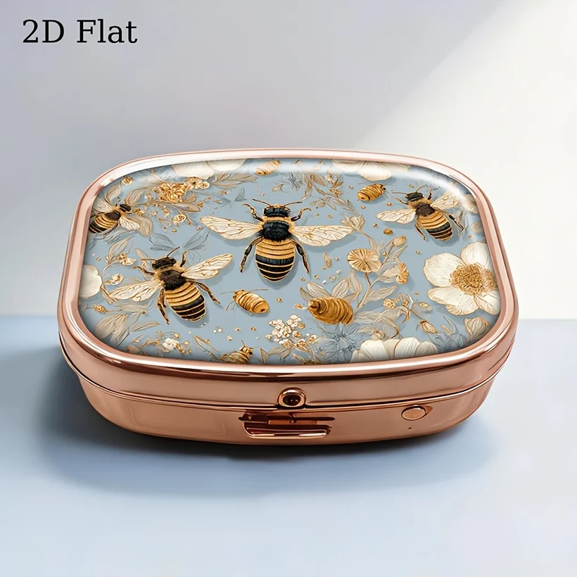 Bee and Floral Pattern Pastel Blue Pill Box, Flat Portable Metal Storage Box, Suitable for Vitamins, Fish Oil, Pills, and Small Candies, Cute Decorative Mini Storage Box, Suitable for Handbags