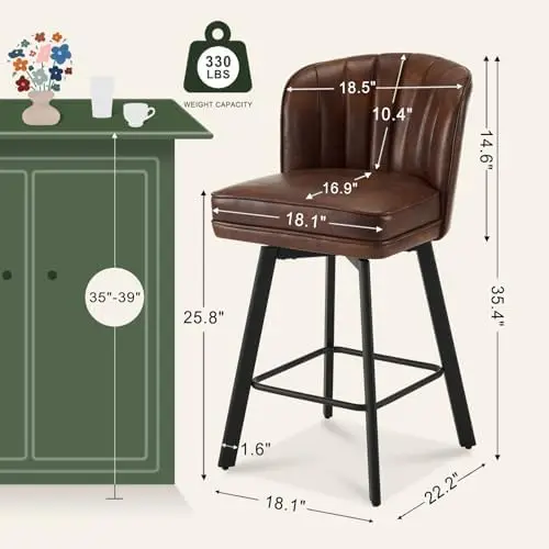 Swivel Counter Height Bar Stools Set of 2, 26'' Modern Barstools with Backs and Metal Legs, Upholstered Bar Chairs
