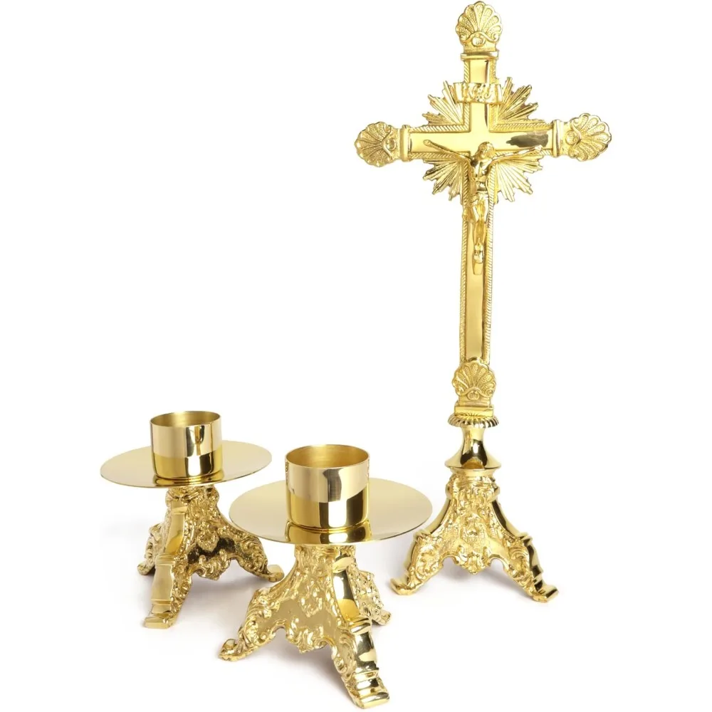 Elegant Brass Cross with Candle Holders Altar Set, Catholic Church Supplies, 16.75 Inches