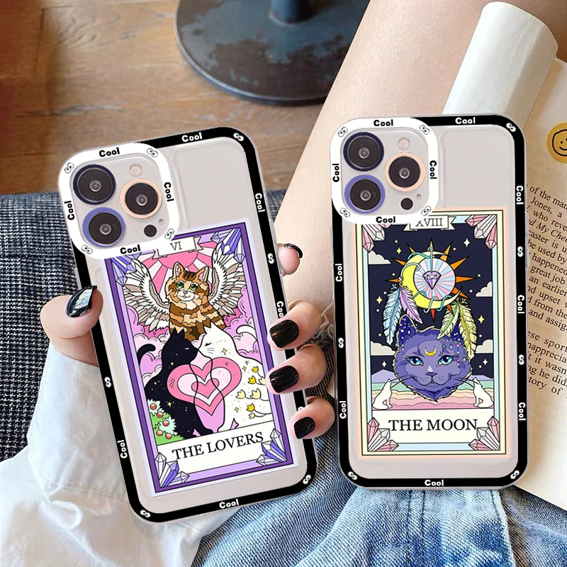 Witches Moon Tarot Mystery Totem Cat Phone Case For iPhone 13 14 Pro Max XS XR 12 11 Pro 13 Mini 6 7 8 Plus Clear Back Cover