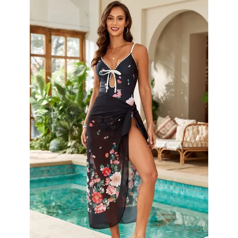 2025 Retro Print Cover-ups Cutout Scalloped One Piece Swimsuit Women Sexy V Neck Bathing Swimwear Beach Conservative Skirt Suit