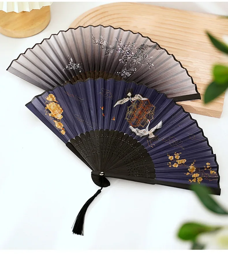 Chinese Style Large 33cm Folding Hand Fan Japanese Vintage 13 inch Silk Cloth Bamboo 13