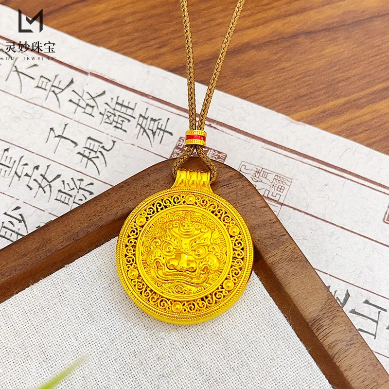 

Роскошные ювелирные изделия из настоящего золота 9999 24 карата, однорогий кулон с компасом Pixiu, ожерелье в стиле ретро, филигранный диск, цепочка для свитера, женская цепочка