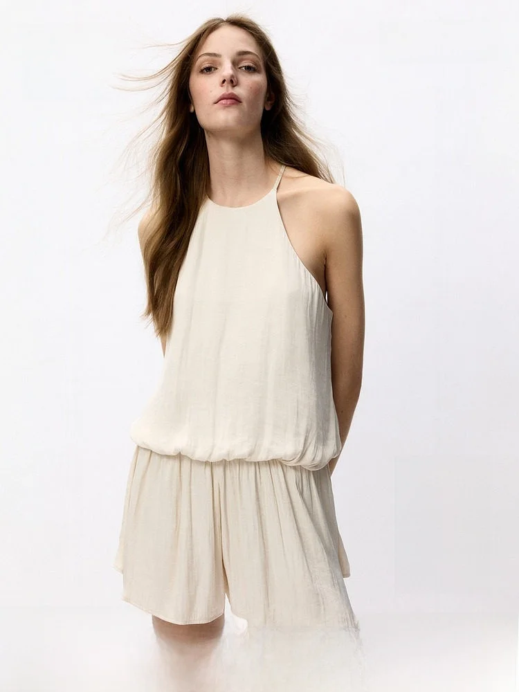

H&M Summer New Women's Romper Shorts Drape Fold Design Polyester Fiber mid Waist Short Length Fashionable Ladies' Outfit