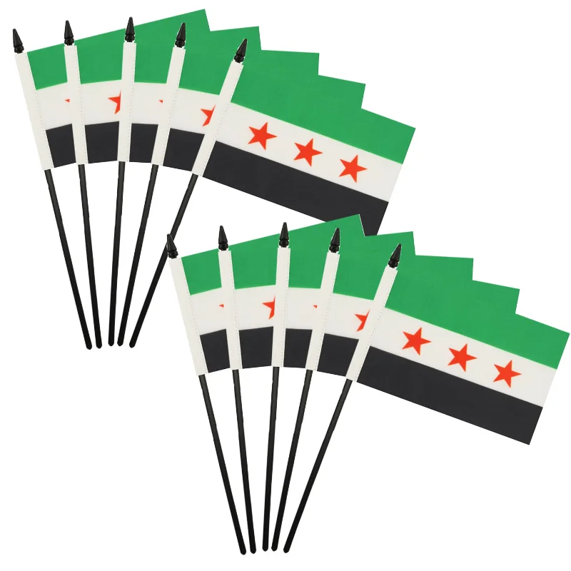 10pcs/lot Syria Hand Flag 14*21cm The Syrian Arab Republic Syrian Three Star Polyester Holding Flags For Car Home Decoration