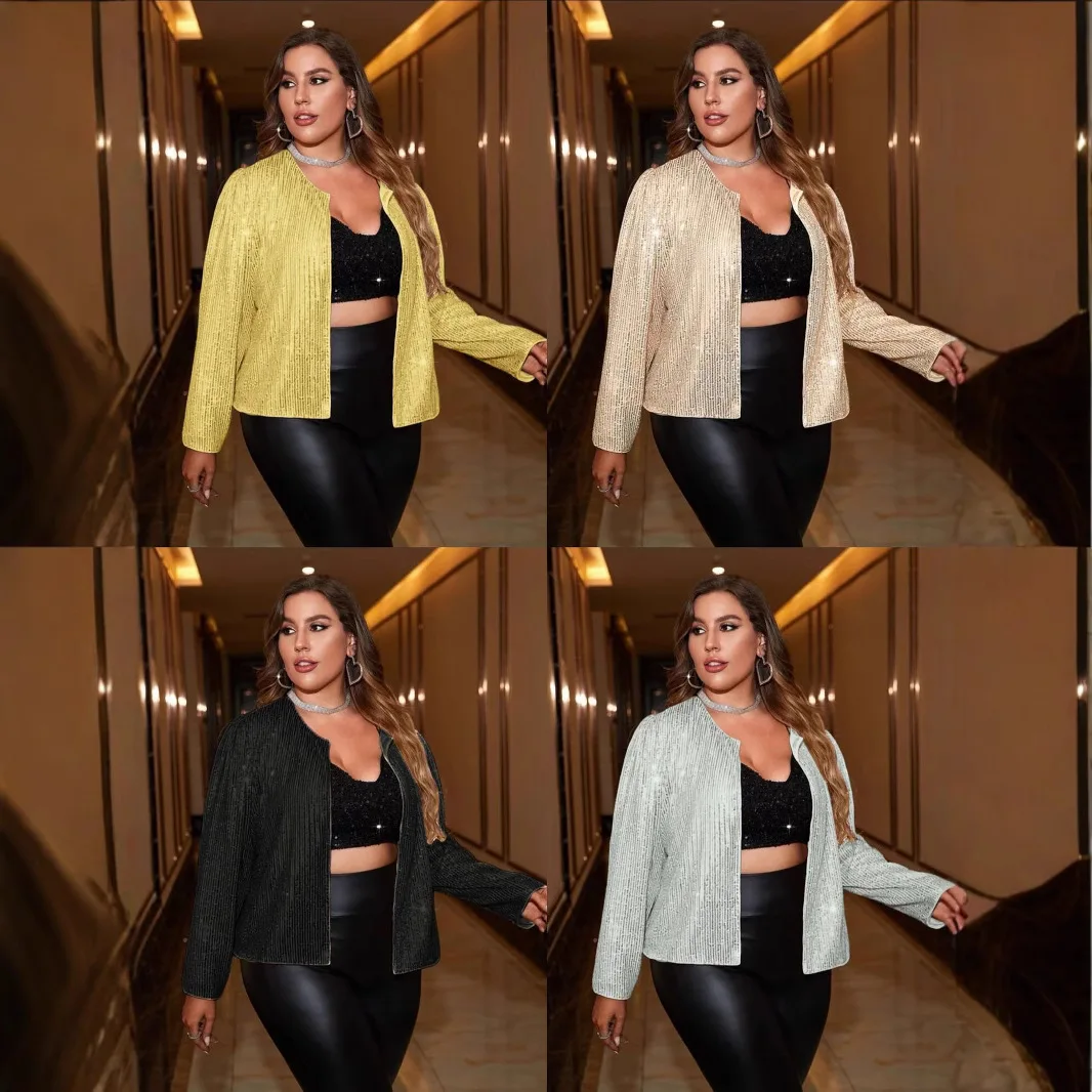 Spring Autumn New Style Small Fragrant Cardigan Long Sleeved Short Top Fashion Sequined Female Coat