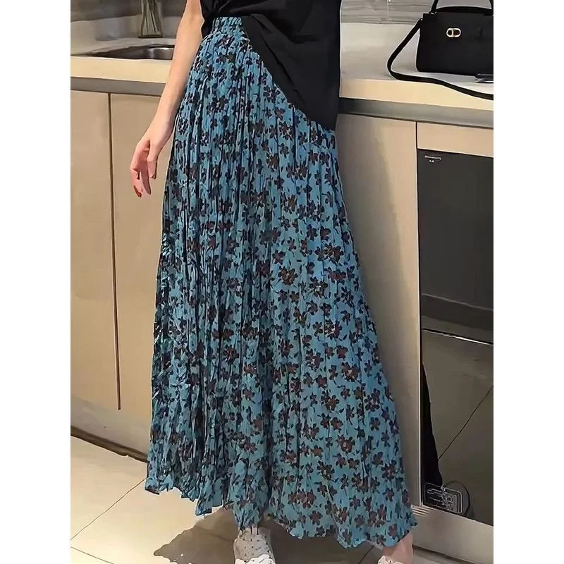 Retro Floral Floral Floral Skirt for Women in Spring New Elastic Waist for Slimming Effect Big Swing A-line Long Skirt for Women