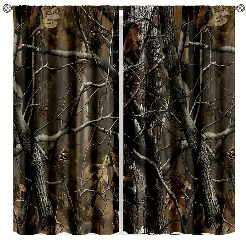 2pcs Camo Tree Windows Curtains, Forest Camouflage Oak Branches Leaves Mossy Hunting Lodge Camp Cabin Theme Windows Curtain for