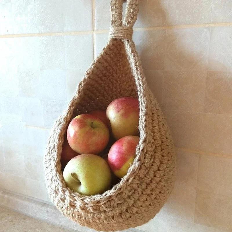 Hand-woven Cotton Rope Storage Basket Wall Hanging Fruit Vegetable Basket Water Drop Shape Plant Flower Container Kitchen Decor