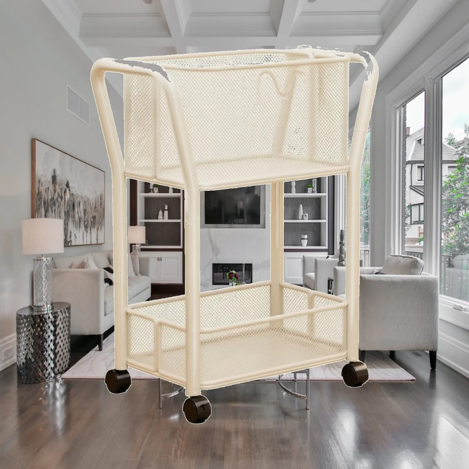 Open Mesh Rolling Organizer Sturdy Rolling Storage Rack with Mesh Baskets Pipe-Style Frame Storage Trolley Powder-Coated Steel