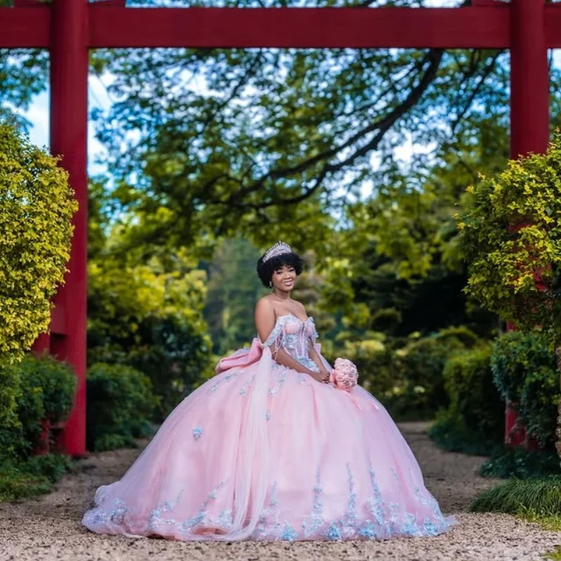 Personalizado rosa quinceanera vestidos fora do ombro lantejoulas borboleta apliques camadas arco cauda longa vestido 15 quinceanera