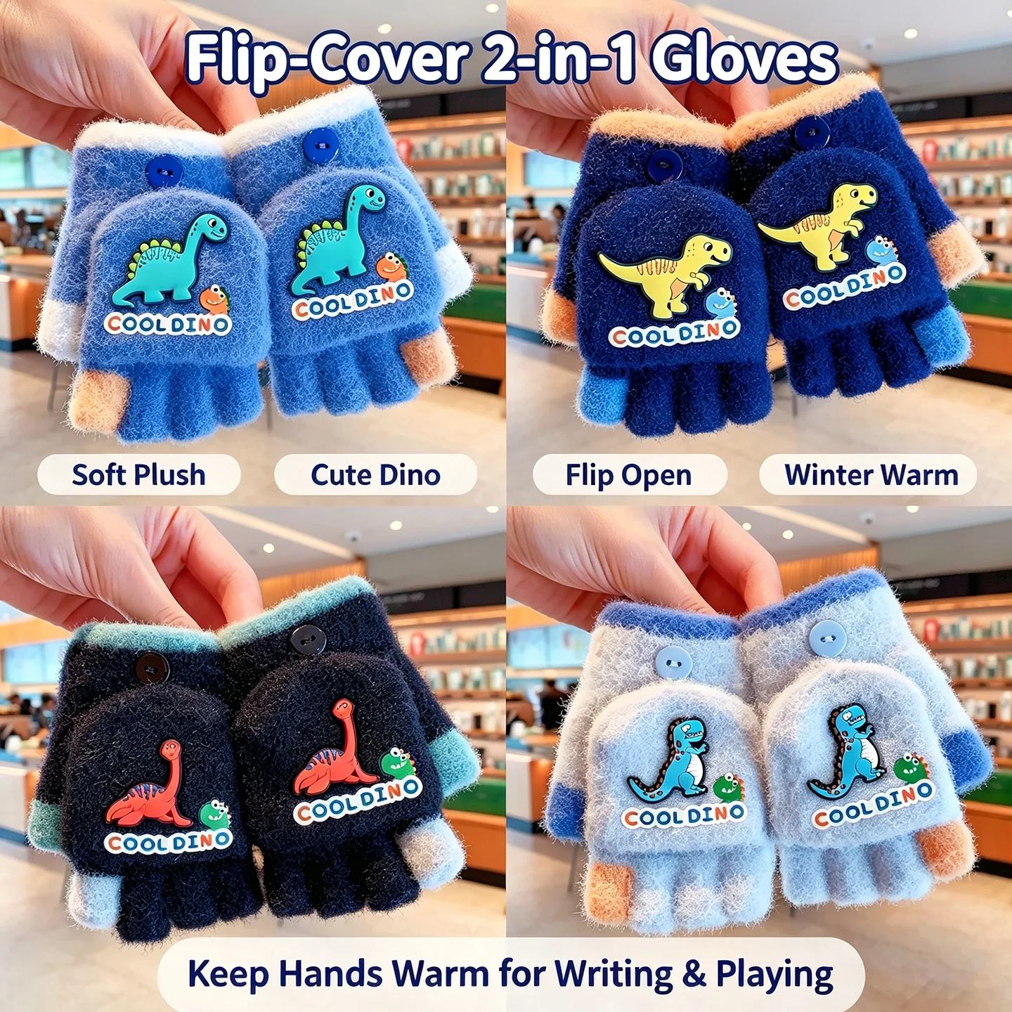2-in-1 umklappbare Fäustlinge, dick mit Fleece gefüttert, weicher, flauschiger Plüsch, niedliche Snap-Flip-Top-Handschuhe mit Farbblock-Design, winddicht und warm, für Jungen – Detail 1