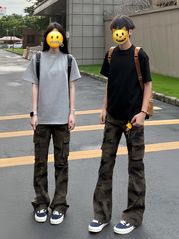 

American High Street Retro Workwear Men's Summer High Waist Slim Fit Micro Flared Pants Camouflage Jeans Couple's Pants