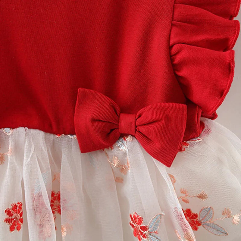 Summer New Girl Baby Dress Mesh Flower Embroidery Bow Small Flying Sleeves Fluffy Dress Sweet Princess Dress