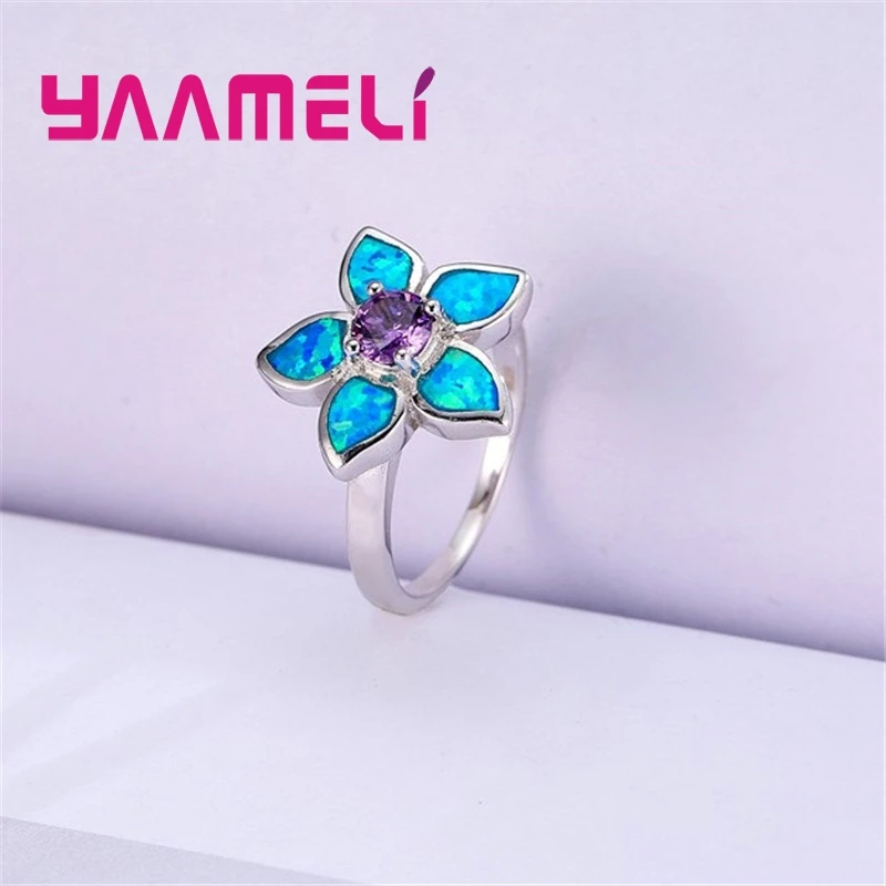 Winter Sale Purple and Blue Fire Opal Flower Ring Fashion Women Lady Best Gift Authentic 925 Silver Jewelry 925 Stamp Anillos