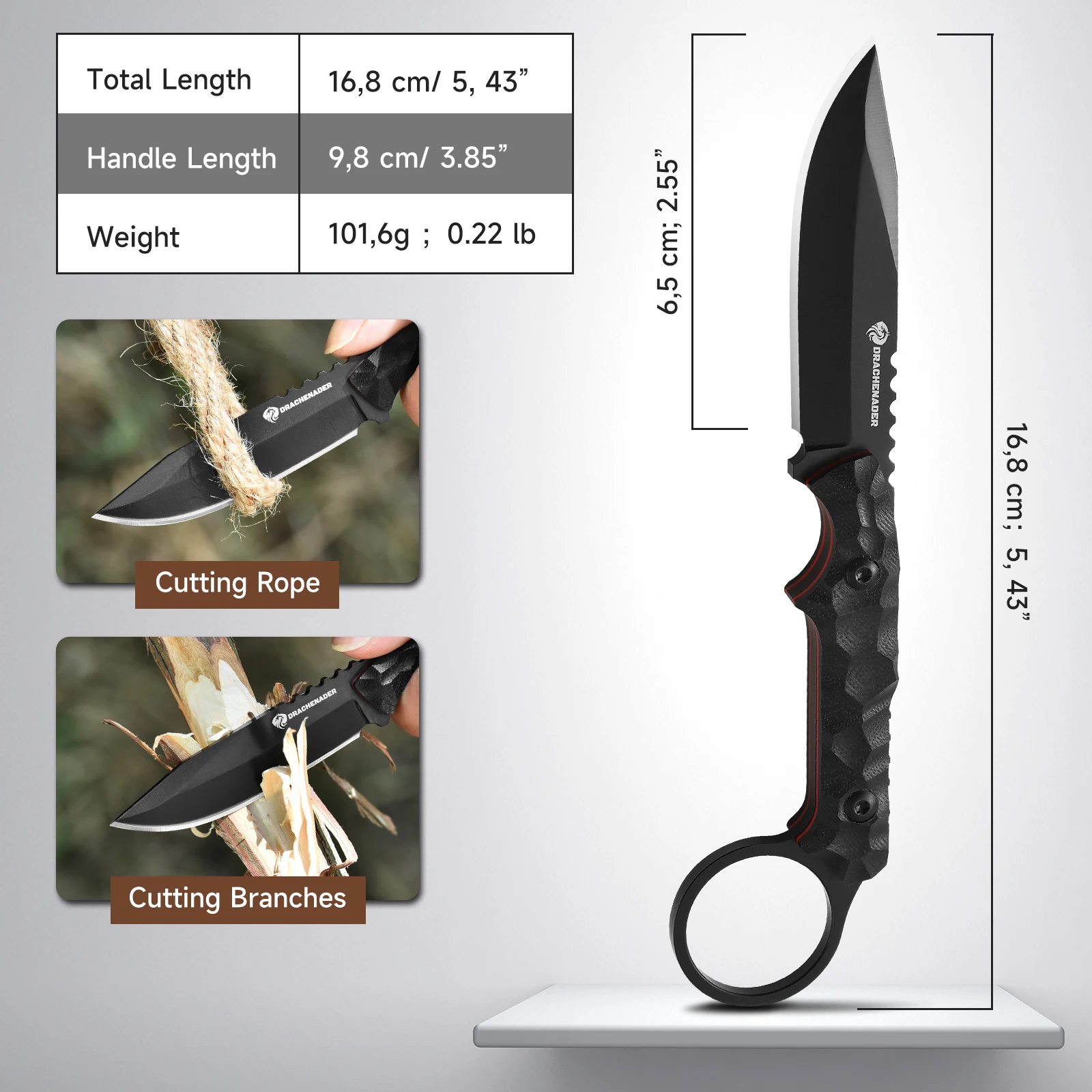 Cuchillos de hoja fija pequeños con funda Kydex, cuchillo táctico de espiga completa de 16,8 CM EDC, cuchillo de cuello para pesca al aire libre (cadena no incluida)