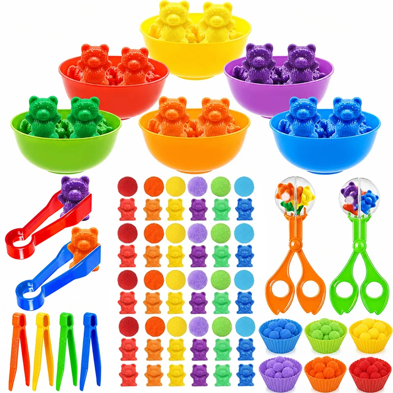 Zählbären-Pompons Farbsortier- und Zuordnungsspiele mit Sortierschalen Sensorisches Frühpädagogisches Spielzeug zum Erlernen der Feinmotorik – Detail 8
