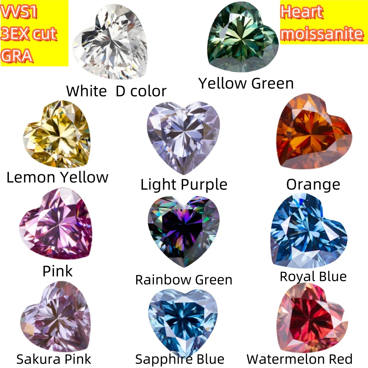 3EX Cut 5x5~10x10mm Heart shape Loose Moissanite Stones White D Green VVS1 With GRA Certified for Jewelry Make