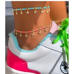 Neon Enamel Colorful Summer Beach Jewelry Gold Color CZ Star Charm Bamboo Link Chain Anklet For Women