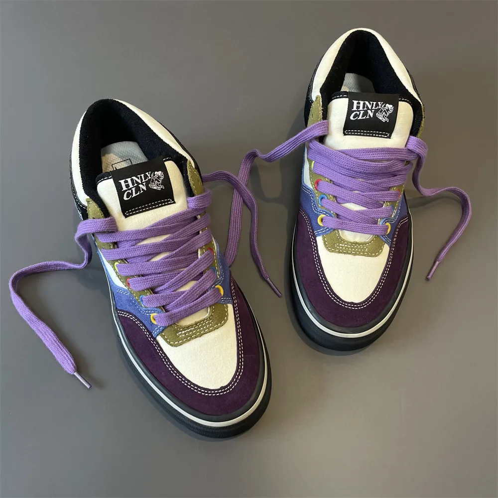 Color Block Retro Suede Embroidered Mid-Top Skate Shoes, All-Season Non-Slip Wear-Resistant Sneakers, Light Luxury Niche Unisex