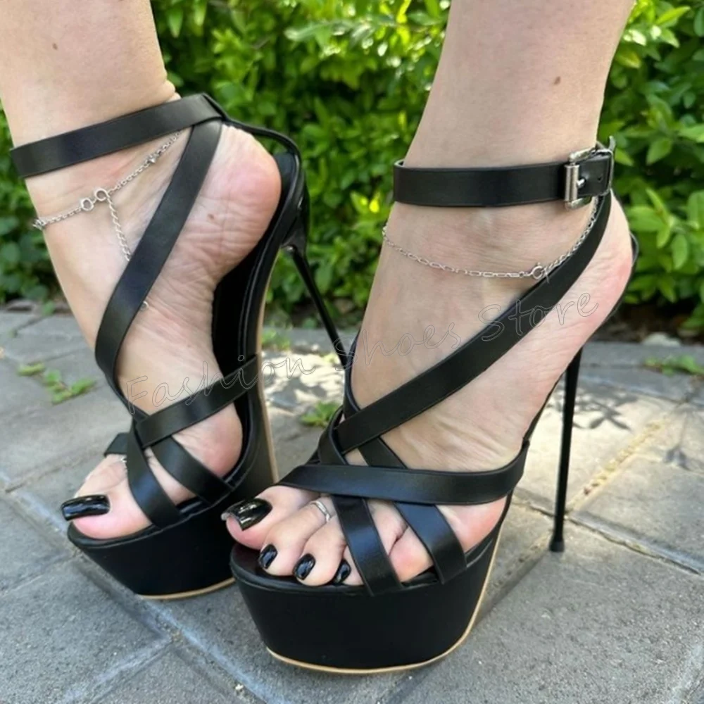 أسود عبر حزام صنادل أرضية الكاحل مشبك رقيقة عالية الكعب أحذية عالية الكعب للنساء الكعوب 2025 جديد Zapatos Para Mujere