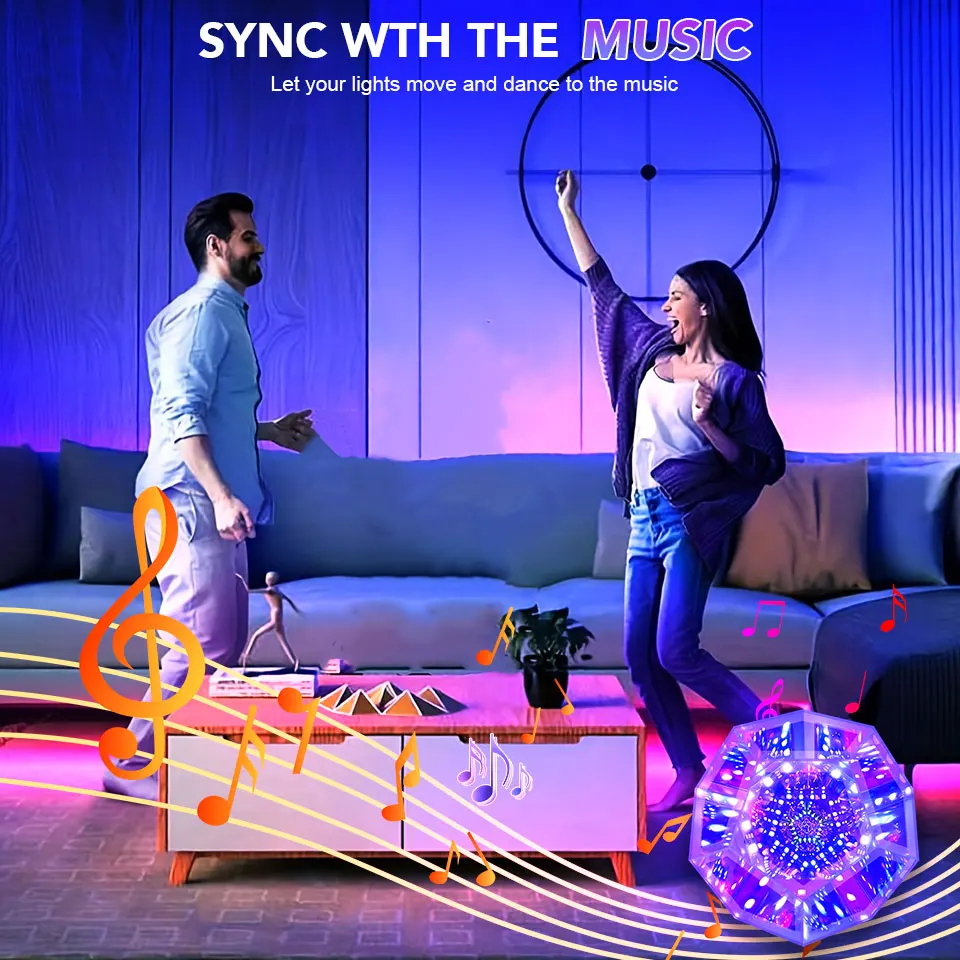 RGB Color Changing Music Sync LED Night Light Infinity Dodecahedron Mirror Table Lamp USB-Powered Festive Gift for Bedroom Party