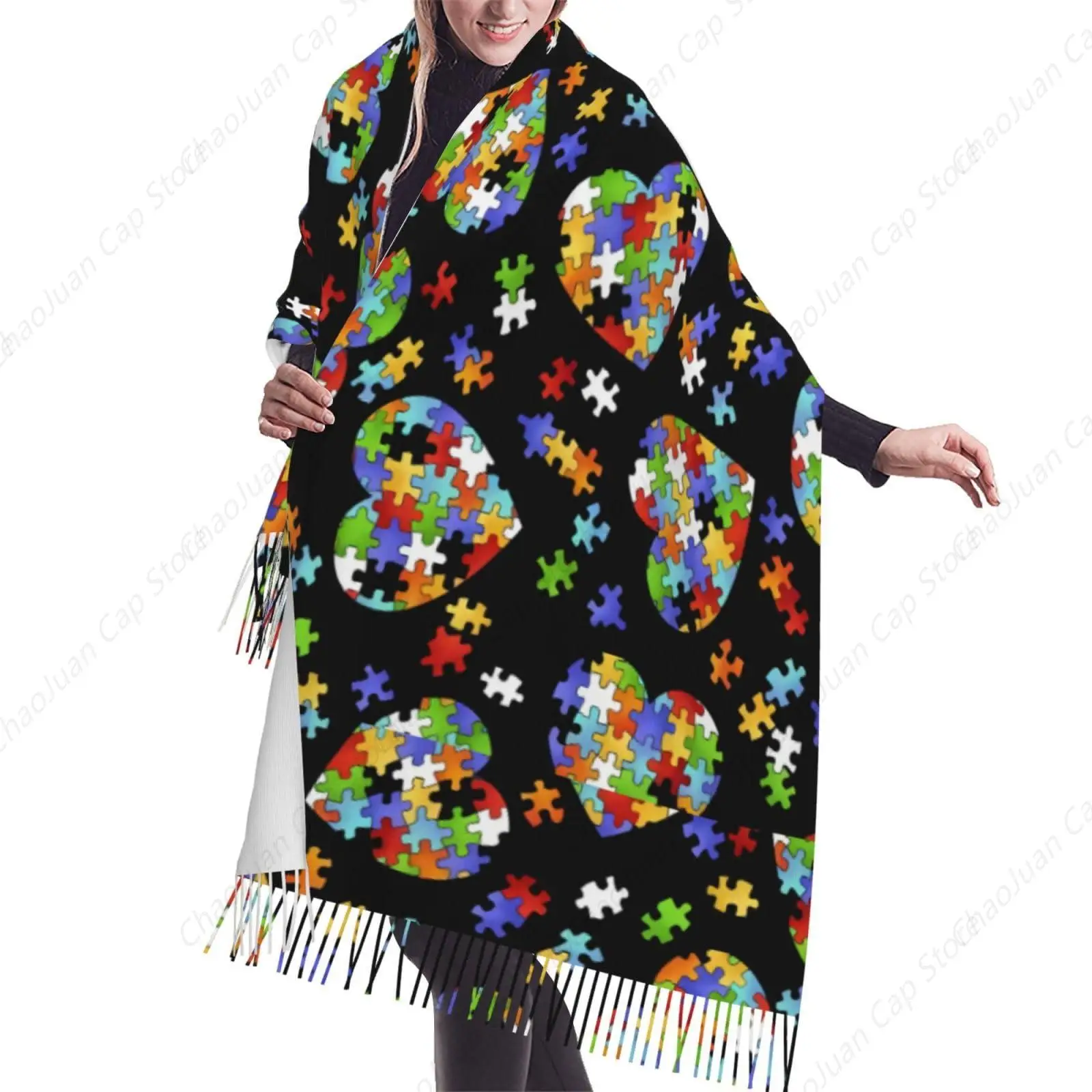 

Женский шарф с сердечками для осведомленности аутизма, шаль из пашмины, накидка для вечернего платья, свадьбы, зимы, теплый большой шарф