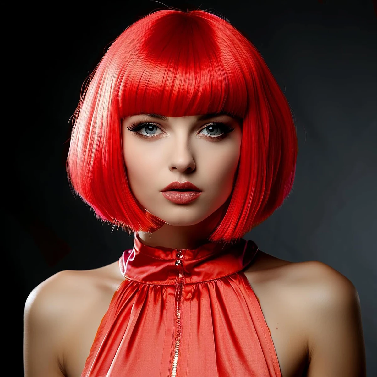 12 Inch /30 cm Fashion Lady Short Straight Synthetic Flat Bangs Bob Wig (Red)