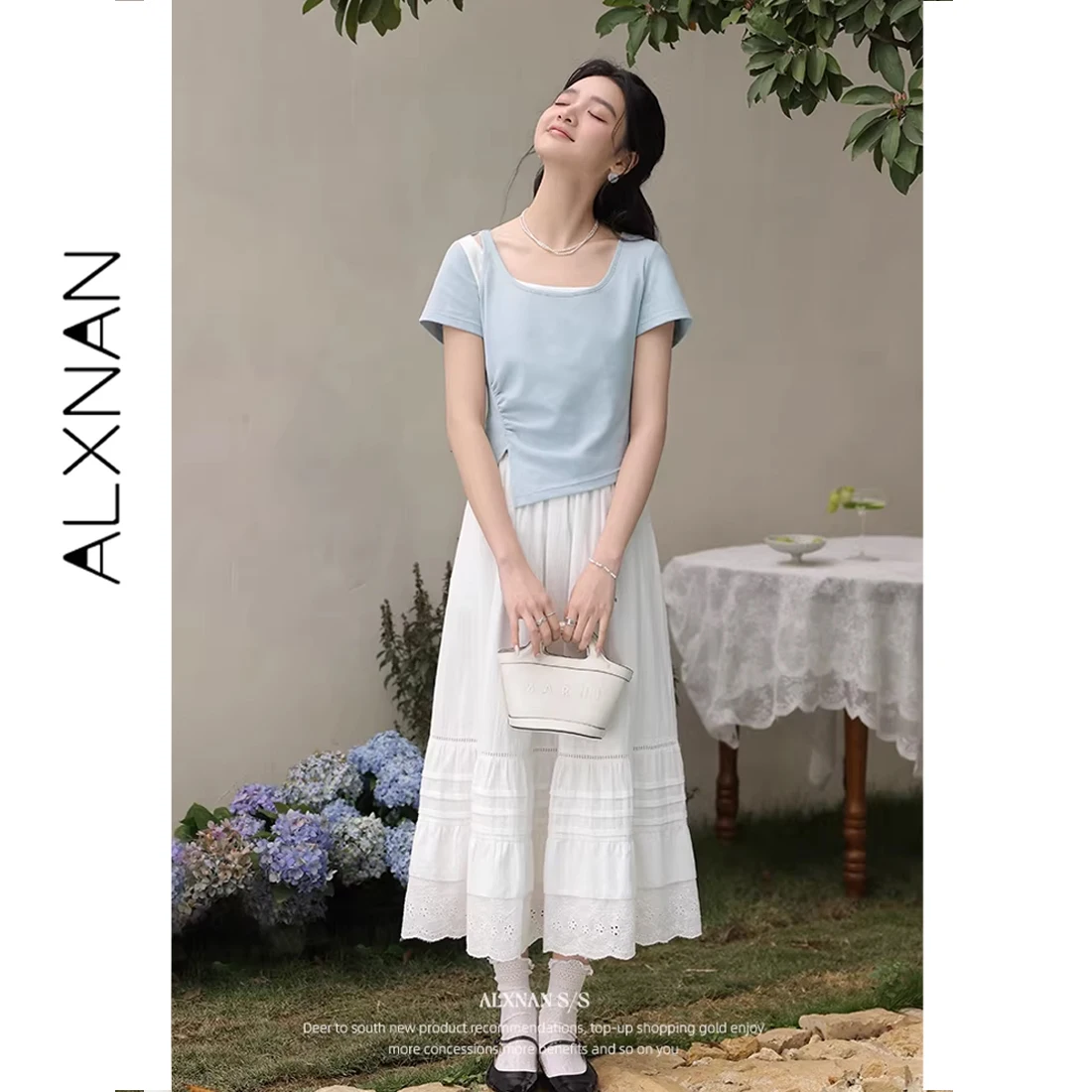 

ALXNAN Blue T-shirt 2026 Summer Square Collar Cotton Women's T-shirt Fake Two-piece Color Block Short Sleeve Tops Ladies L55006