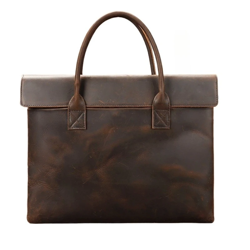 Men's Crazy Horse Leather Laptop Briefcase Padded Laptop Compartment Large Capacity Business Bag For Work