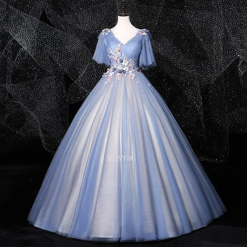 

Sexy V-neck Evening Gown With Elegant Temperament Long Embroidered Decal Stage Host Performance Costume Formal Dress Customized