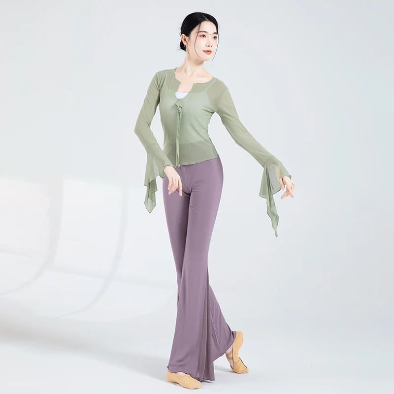 Modern Dance Clothes Women Long Sleeve Formal Dance Tops Micro Fishtail Pants Medium Long Classical Dance Mesh Practice Clothes