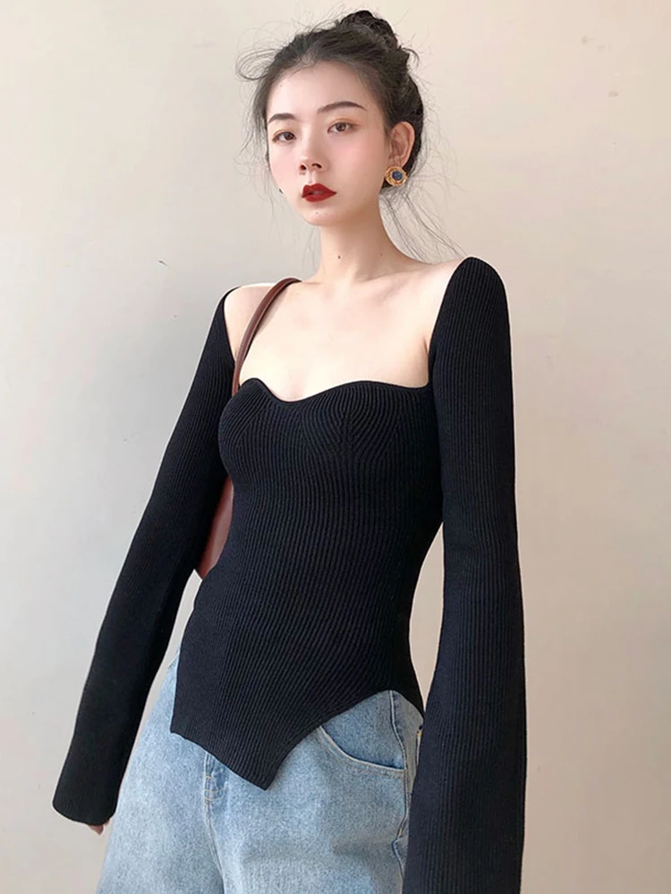 TWOTWINSTYLE Plain Knitting Sweaters For Women Slim Square Collar Long Sleeve Casual Pullovers Female 2022 Spring Clothing New