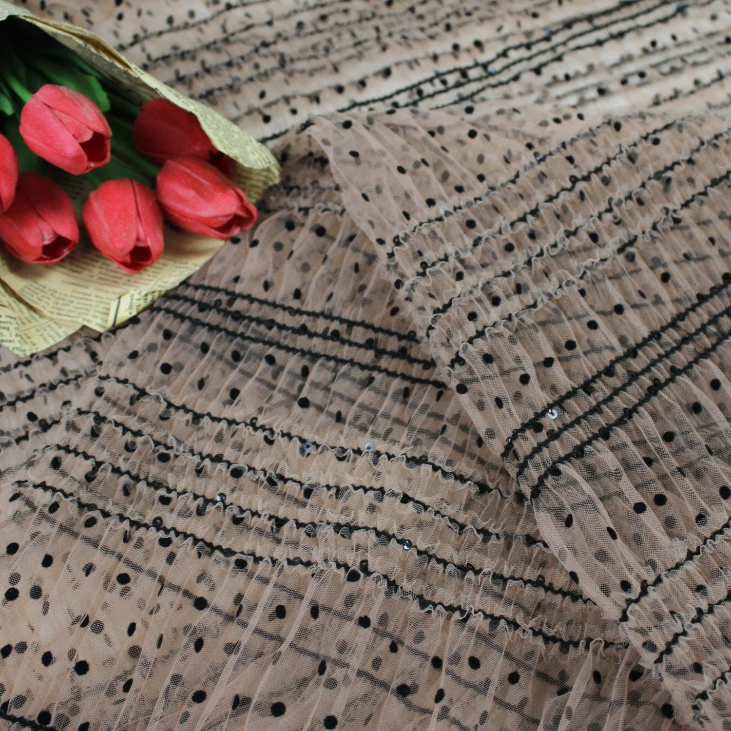 

Юбка Лолита, ткань коричневого цвета в горошек, кружевная ткань с блестками, мягкий тюль с рюшами для платья для девочек, платье-пачка, свадебное платье