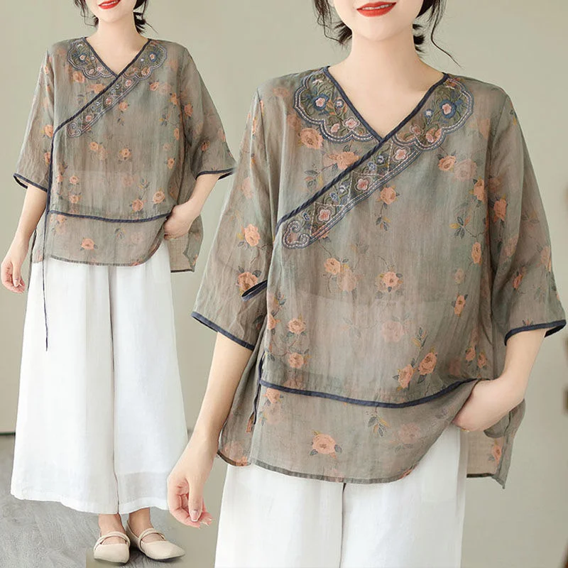 

Retro Embroidered Shirt with Large Size Slanted V-neck Lace-up Top for Women
